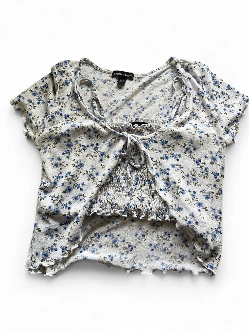 3/12$ Cottagecore Coquette Floral Tie Crop Top White Blue |  2 pc set LARGE